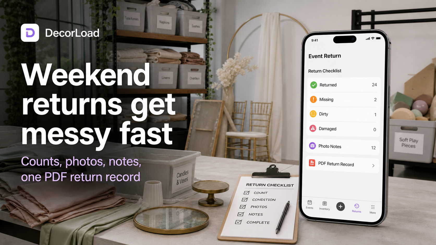 DecorLoad event rental return checklist. Weekend returns get messy fast, so keep counts, photos, notes, and one PDF return record.
